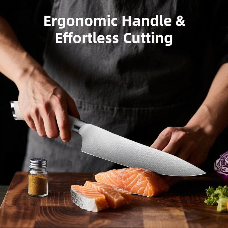 Cooluxry Professional White Chef Knife - 8 Inch High Carbon Stainless Steel Kitchen Knife with Ergonomic White Handle for Precise Cutting - Image 5